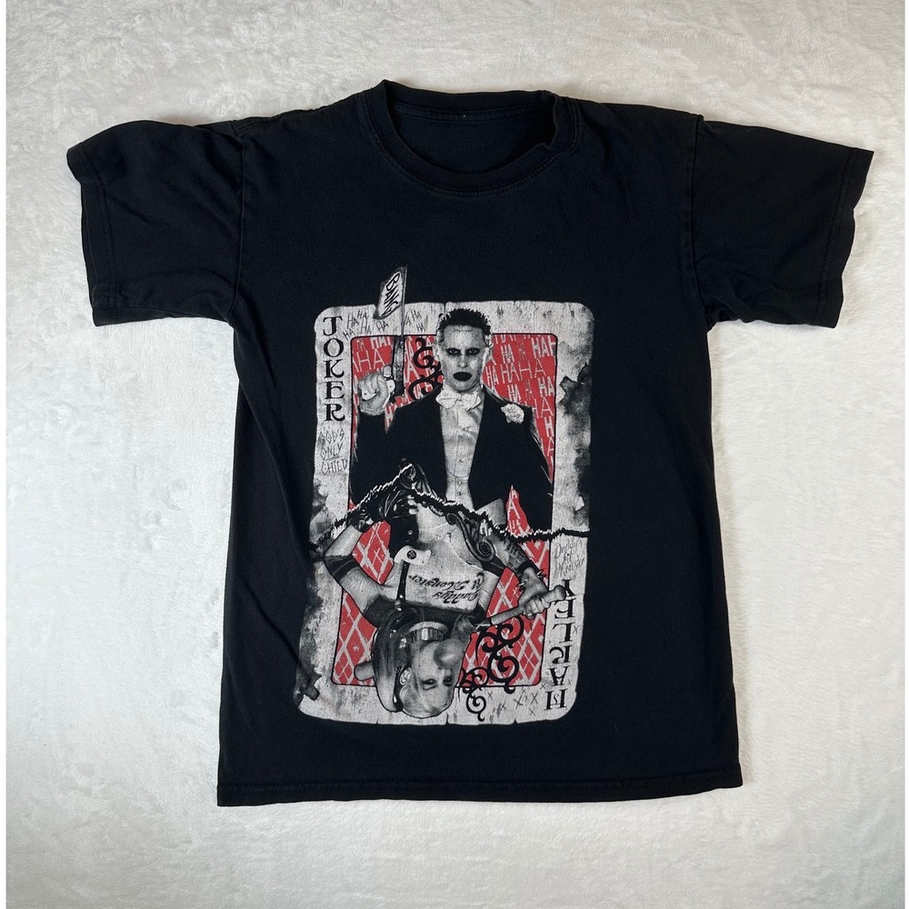 Suicide Squad Joker and Harley Quinn Playing Card Graphic T-Shirt Black Small